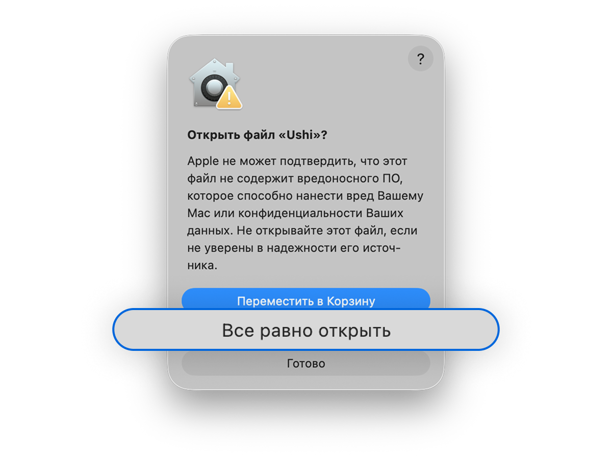 Окно «Открыть файл „Ushi“?» с кнопкой «Все равно открыть»